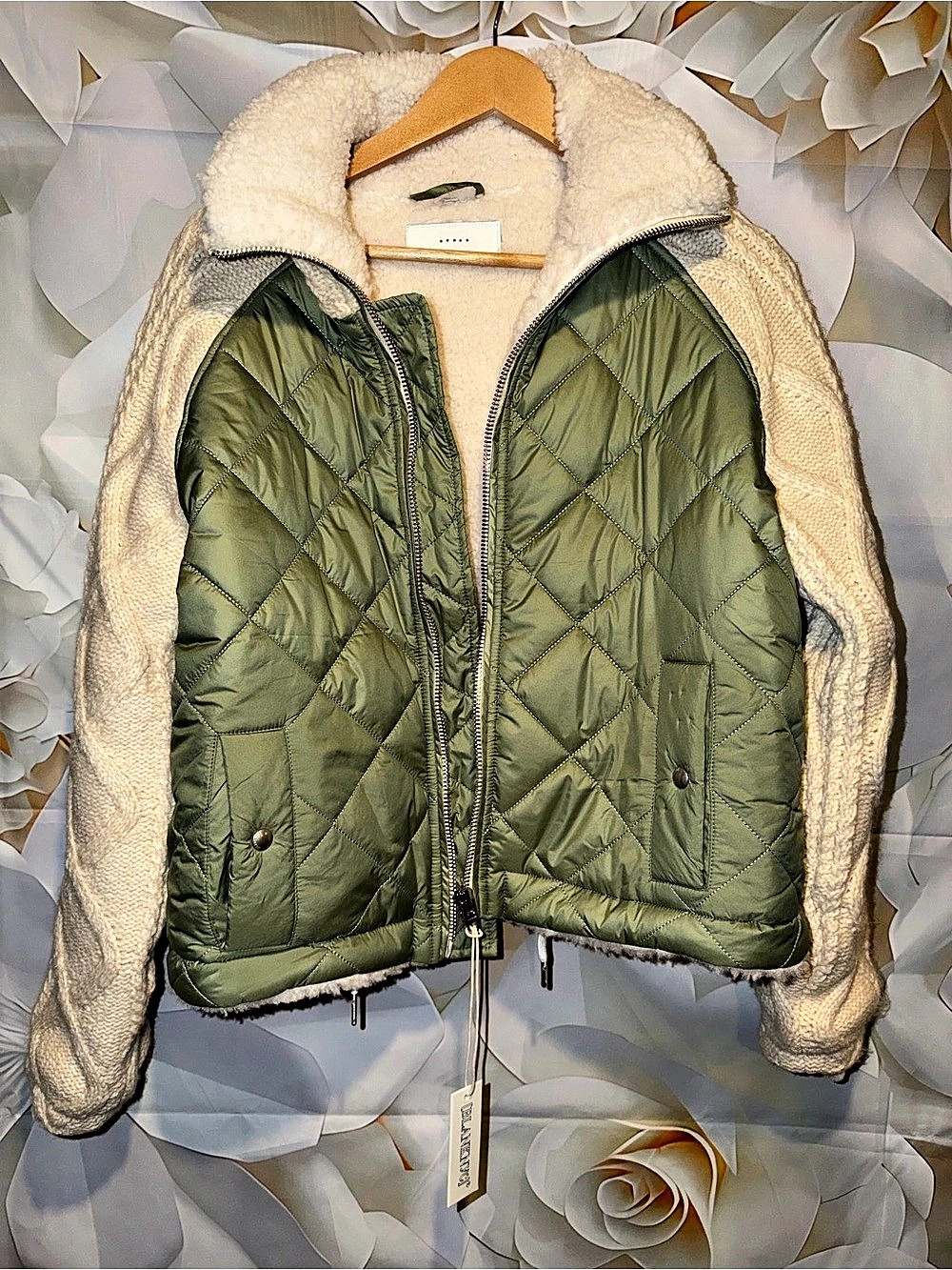 Free People X [BlankNYC] Going Public Jacket Warm Puffer Chunky Cable Sweater Kn